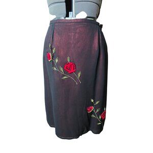 Vtg‎ 90s Floral Embroidered Black Mesh Overlay Red Satin Skirt Medium